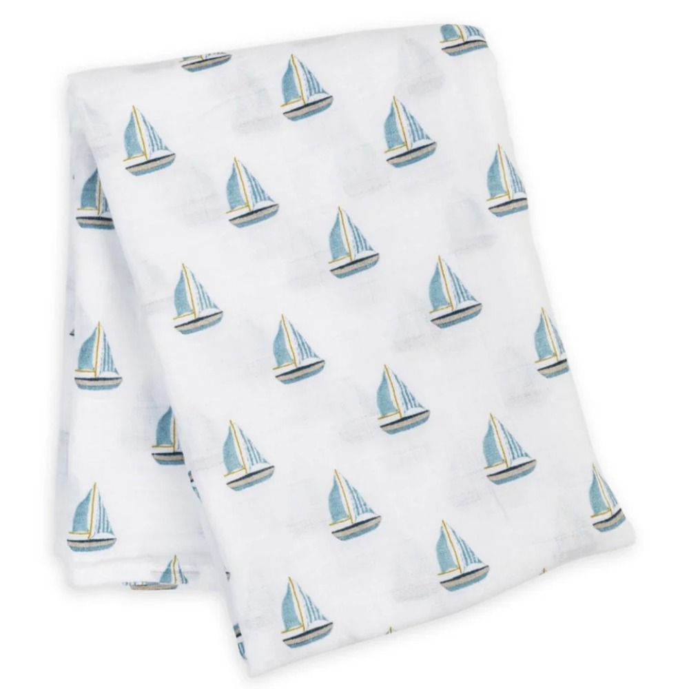 Lulujo 100% Cotton Muslin Swaddle Blanket Sailboats Boats White Blue 40X40"